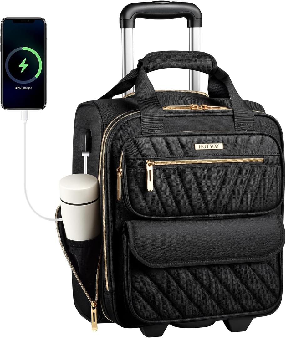 HotWay Underseat Carry On Luggage with Wheels, 16 inch Lightweight Under Seat Luggage, Small Soft Sided Personal Item Suitcase for Airline Travel, Black