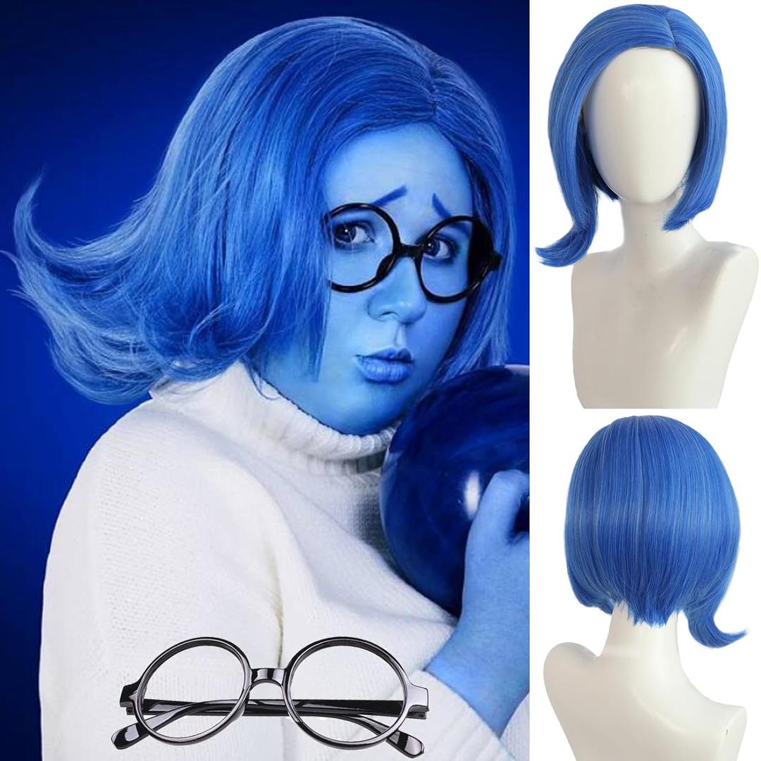 Sadness Blue Bob Wig with Black Glasses Girls Blue Anime Wig Women Heat Resistant Synthetic for Cosplay Costume Party