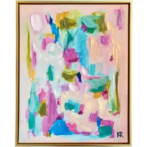 Framed Abstract Canvas Wall Art, Colorful Modern Painting in Gold Float Frame, Pink Blue and Green Artwork for Living Room, Bedroom or Office, 16x20