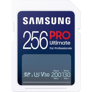 Samsung PRO Ultimate Full Size 256GB SDXC Memory Card, Up to 200 MB/s, 4K UHD, UHS-I, C10, U3, V30, A2, for DSLR, Mirrorless Cameras, PCs, MB-SY256S/AM