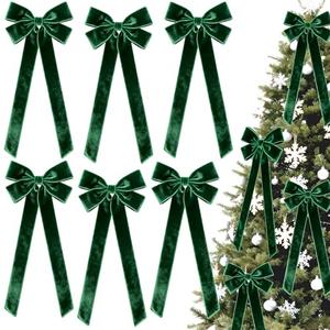 4Pcs Large Green Bows Christmas Decorations, Vintage Velvet Bows for Christmas Tree Outside Decorating, Premade Decorative Ribbon with Twist Tie for Wreath Garland Staircase Front Door 6.9*23.6"
