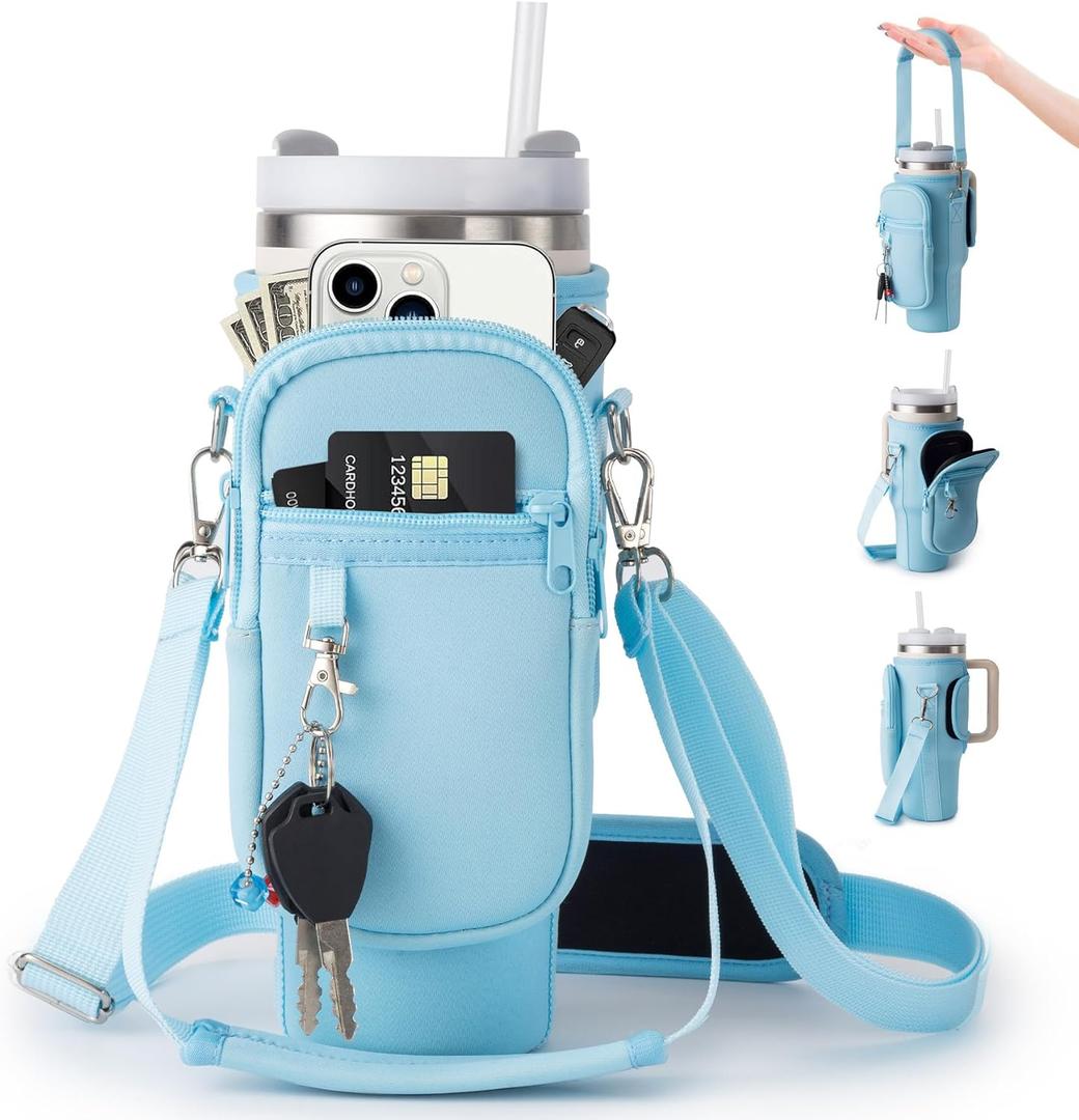 linmaya Water Bottle Carrier Bag with Phone Pocket for Stanley Cup 40/30oz,Insulated Neoprene Water Bottle Holder Cross-boday Bag with Adjustable Shoulder & Handheld Strap Stanley Cup Accessories (Azure)