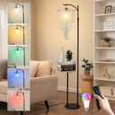 Arc Floor Lamp with Table and Shelves,Crystal Floor Lamps for Living Room,Dimmable Elegant Modern LED Floor Standing Lamp with Remote Control & 10 Colors,Black Adjustable Tall Lamp For Bedroom Corner