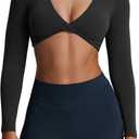 Aoxjox Long Sleeve Crop Tops for Women Sienna Twist Deep V Workout Cropped T Shirt Top (X-Small, A Black)