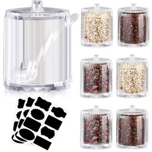 Tioncy 6 Pcs Ice Cream Bar Supplies Sugar Bowls Lid Spoon,8 Oz,Clear | Acrylic Candy Dispenser, Party Hot Chocolate Coffee Bar, Sundae Caramel Apple Dipping Container, Includes Labels
