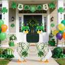 St.Patrick's Day Porch Goose Outfits,4 Pcs Lucky Shamrock Goose Outfit with Clover Bow Hat,Bibs,Necklace and Heart-Shaped Glasses,23" White Cement Goose Statue Costume for Garden Patio Yard Lawn(A)