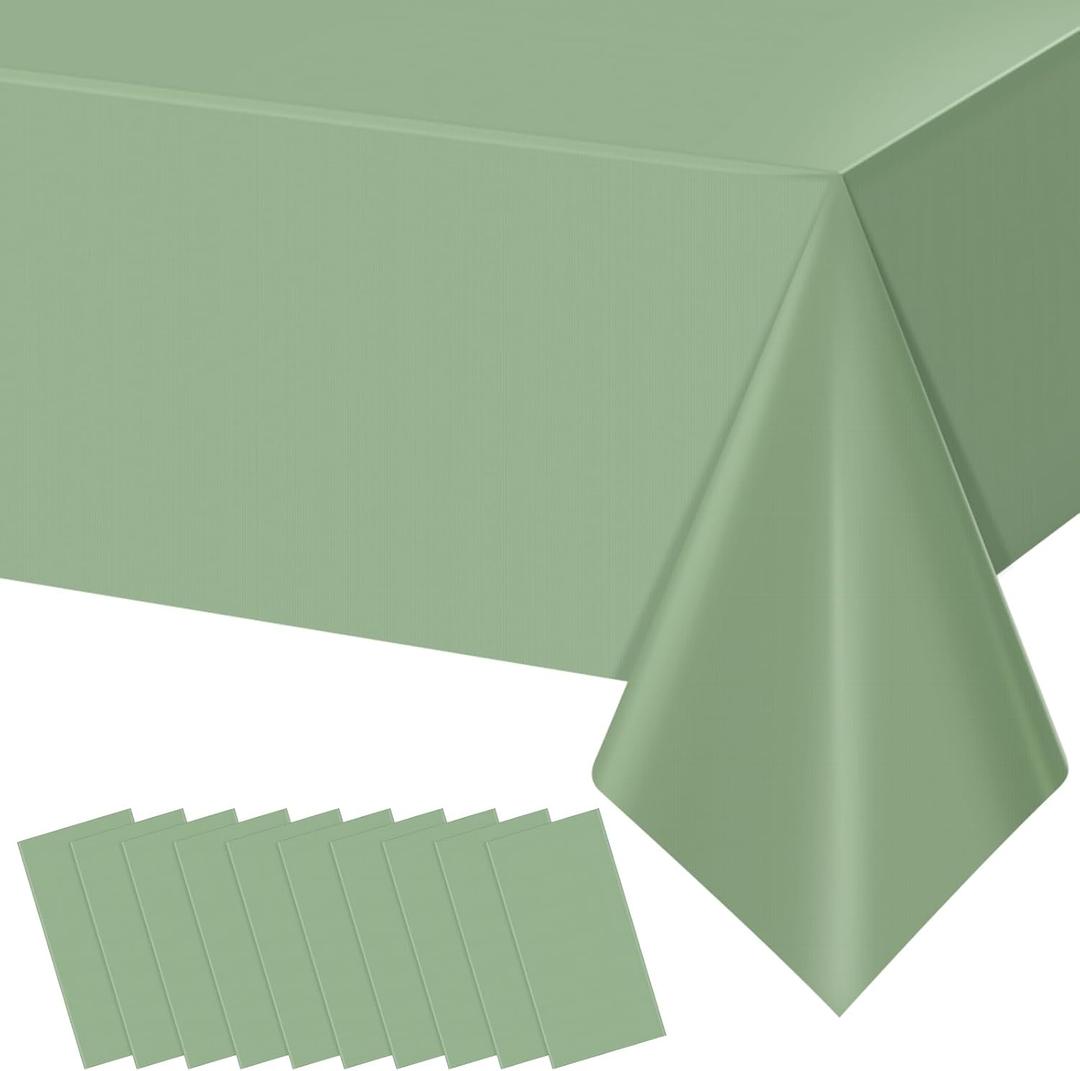 10Pack Sage Green Plastic Tablecloths for Rectangle Tables, Light Green Disposable Tablecloth, Waterproof Sage Green Table Cover for Birthday Bridal Wedding Baby Shower Party Decorations, 54 X 108Inch