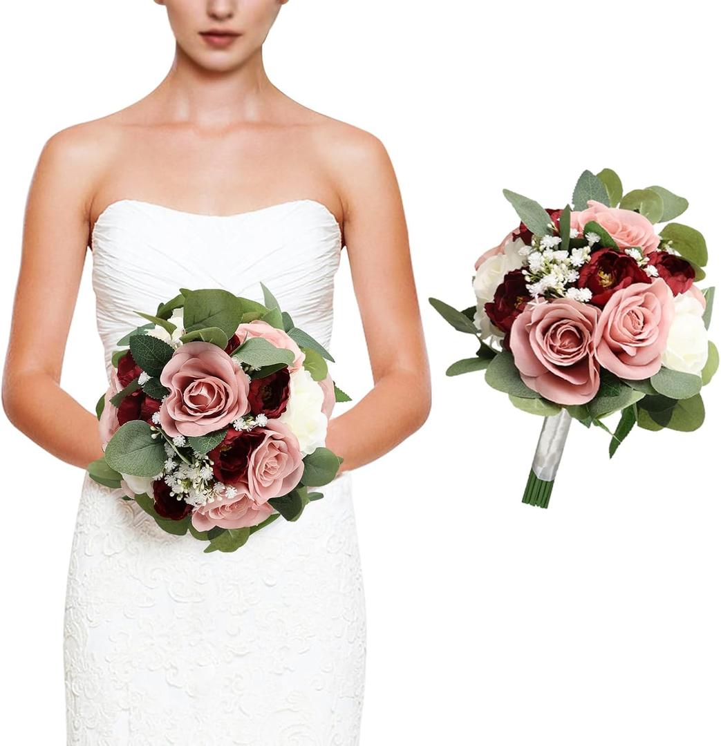11 Inch Dusty Pink & Burgundy Silk Rose & Peony Bridesmaid Bouquets - Realistic & Easy to Arrange - Wedding Decorations