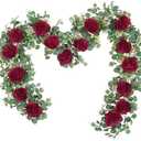 Dolicer 2Pcs 13Ft Artificial Eucalyptus Garlands with Flowers - 8 Roses, Faux Floral Greenery Garlands Fake Flowers Vines for Wedding Table Centerpieces Arch Party Ceremony Backdrop Decor (Red)