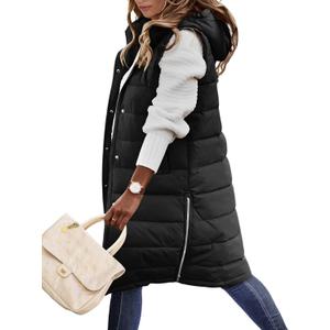 Long Puffer Vest Women Quilted Hooded Vest Zip Up Sleeveless Vests Outerwear Padded Jacket Warm Winter Coat 2026, Size: Small