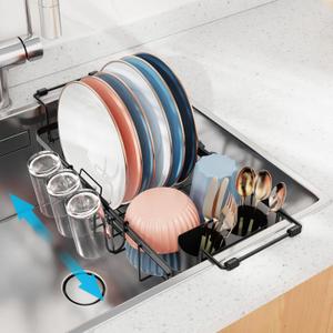 iSPECLE Small Sink Dish Drying Rack, Capacity Expandable Narrow Dish Drainer for RV Kitchen Counter with Cup Holder and Utensil Holder, Fit for 12"~18.3" Sink, Black iSPECLE Small Sink Dish Drying Rack, Capacity Expandable Narrow Dish Drainer for RV Kitchen Counter with Cup Holder and Utensil Holder, Fit for 12"~18.3" Sink, Black