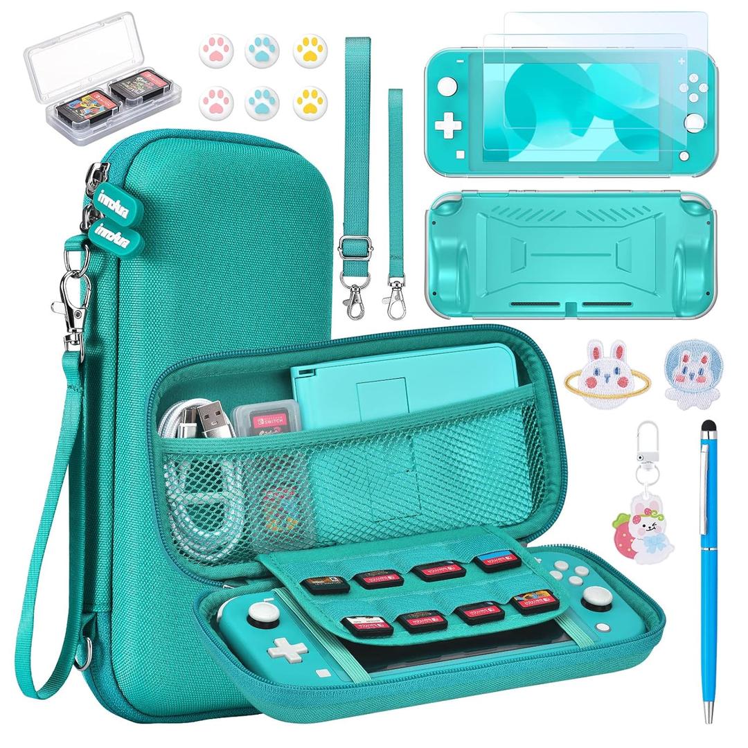 innoAura Switch Lite Case 18-in-1 Accessories Bundle for NS Switch Lite (2019), with Protective Carrying Case, Game Holder, Screen Protector & Cute Thumb Grips, Turquoise