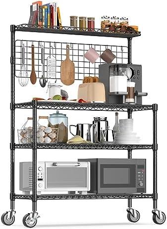 Leteuke Bakers Rack with Storage & Wheels, 42 Inch Microwave Stand Kitchen Shelves, 4-Tier Heavy Duty Storage Rack with 20 S-Hooks, Commercial Metal Utility Kitchen Cart, 42× 18× 63 Inch, Black