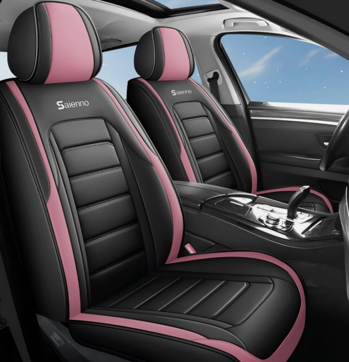 Saienno S01 Leather Car Seat Covers 5 Seats Front & Rear Seat Protector Full Set Universal FitAirbag Compatible (Black&Pink)