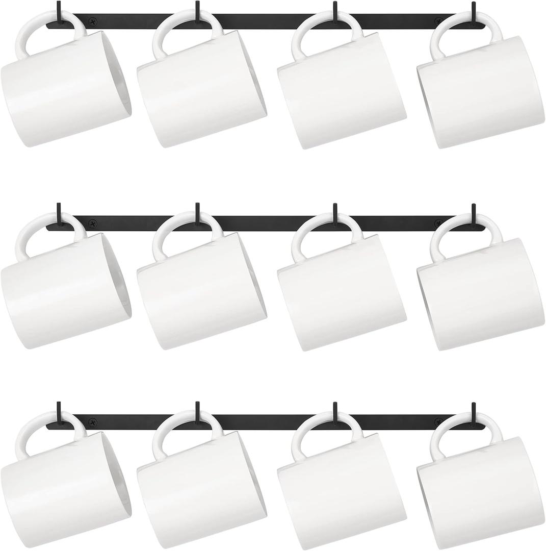 Dahey Metal Coffee Mug Rack Wall Mounted with 12 Mug Hooks, Set of 3, Mug Display Rack Cup Holder Storage for Kitchen Dining Room Coffee Bar, Black