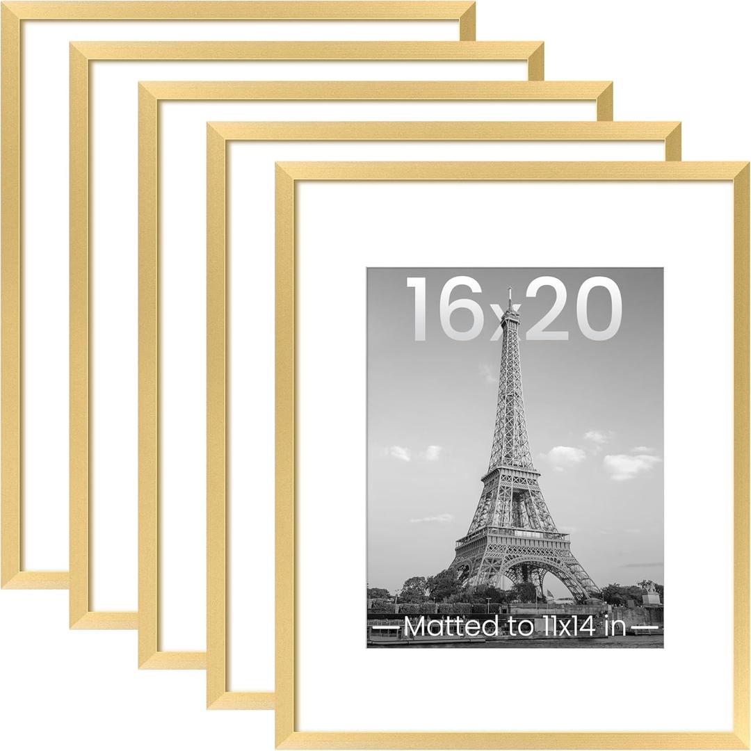 Upsimples 16x20 Picture Frame Set of 5, Display Pictures 11x14 with Mat or 16 x 20 Without, Wall Gallery Poster Frames, Gold