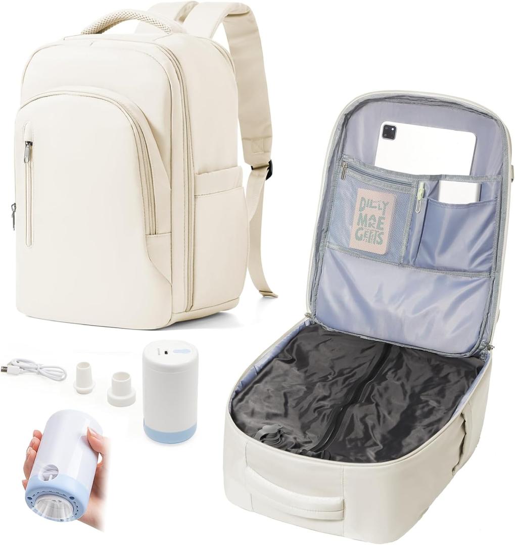 Vacuum Backpack Travel with Pump for Women, Personal Item Carry on Backpack Flight Approved 18x14x8 inches for Men, Waterproof Work Laptop Casual Daypack - Beige
