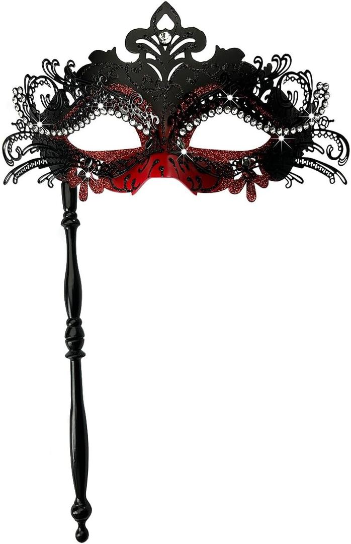 WILOVCOS Womens Masquerade Mask with Stick, Handheld Mardi Gras Mask,Venetian Party Masks (Black & Red)