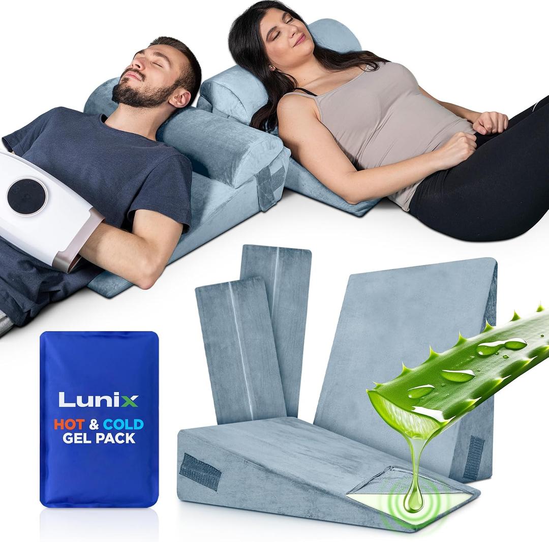 Lunix LX8 4-Piece Support for Nighttime Digestive Discomfort & Easier Breathing, Adjustable Height Orthopedic Bed Wedge Pillow Set, Memory Foam, Washable Cover, Cloud Gray with Aloe Vera, 4pcs Cloud Gray with Aloe Vera