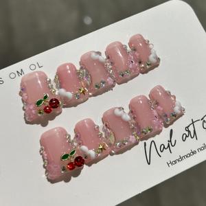 Handmade Press on Nails Short Duck French Tip Thick Acrylic Fake Nails 3D Floral False Nails with Cherry Rhinestones Charms Designs Nude Pink Sturdy Nail Art Press on Nails 10Pcs(S)