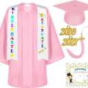 Lasnten Matte Kindergarten Graduation Gown Cap Tassel Set with 2026/2027 Charm Stole Accessories for Kids Grad Gift (Pink, XS)