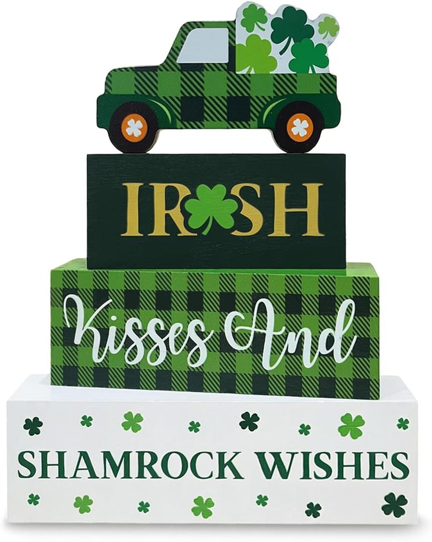 St. Patrick's Day Decorations, 4 Pcs Wooden St. Patrick's Day Table Decorations, Shamrock Truck Tiered Tray Decor, Wooden Table Sign for Desk Shelf Mantel Centerpiece, Indoor Home Decor (Green)