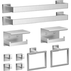 Brushed Nickel Bathroom Towel Bar Set 10 Pieces, Stainless Steel Towel Racks Set with 216 InchTowel Bars, 2Toilet Paper Holder, 2Towel Rings, 4 Robe Hooks for Bathroom