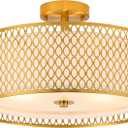 17" Semi Flush Mount Ceiling Light Fixture, 3-Light Gold Light Fixture, Close to Ceiling Light Fixture with White Fabric Lampshade and Gloden Iron Mesh Cage for Dining Room Living Room Bedroom