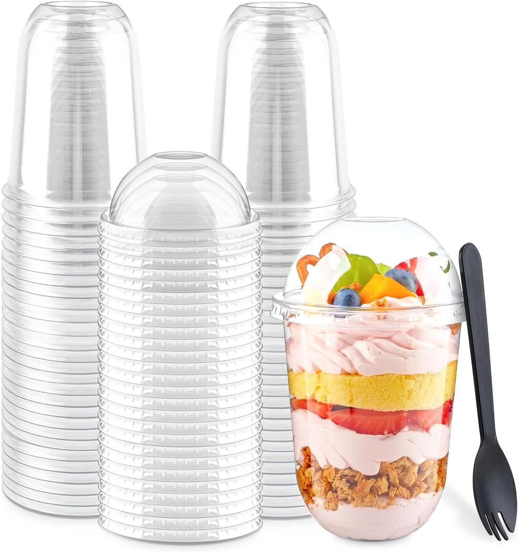 Zezzxu 50 Pack 16 oz Plastic Dessert Cups with Dome Lids (No Hole) and Sporks, Clear Disposable Fruit Cups with Lids for Yogurt Parfait Ice Creams Pudding Cakes