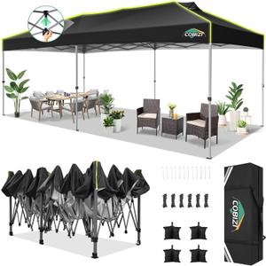 COBIZI 10x20 Pop Up Canopy Tent Without Removable Sidewalls, One Push Party Tent Outdoor Waterproof Event Canopy with Air Vent for Parties Commercial Wedding, 3 Height, Carry Bag, Sandbag, Black