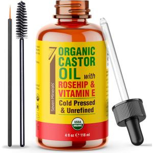 Seven Minerals Organic Castor Oil with Rosehip & Vitamin E for Eyelashes, Eyebrows, Face & Hair Growth - Glass Bottle, Cold Pressed & Hexane Free - Hydrates & Boosts Natural Hair Growth - 4 fl oz