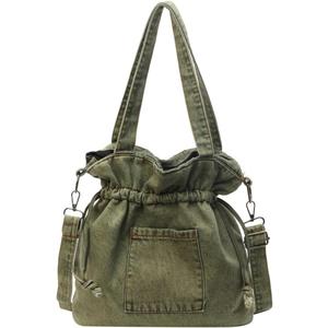 Hzxsny Denim Shoulder Bag for Women Canvas Tote Bag Crossbody Bag Aesthetic Large Denim Messenger Bag Hobo Handbags with Drawstring, Green