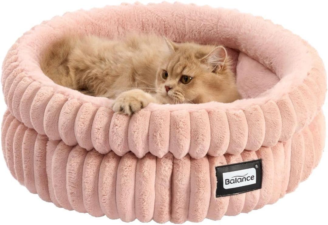 BALANCE Cat Bed Kitten Bed, Washable Round Cat Beds for Indoor Cats,Super Soft Plush Faux Fur Pet Bed for Puppy and Kitten with Anti-Slip Bottom (Acorn Pink)