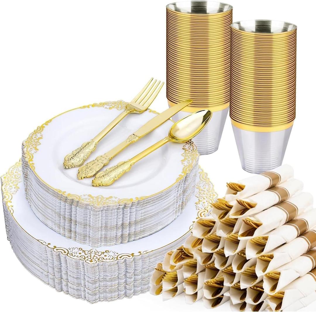 Realluck 350 PCS White and Gold Plastic Plates, Plastic Dinnerware Set for 50 Guests, 100 Disposable Plates, 150 Silverwares, 50 Cups, 50 Napkins for Party, Wedding, Graduation