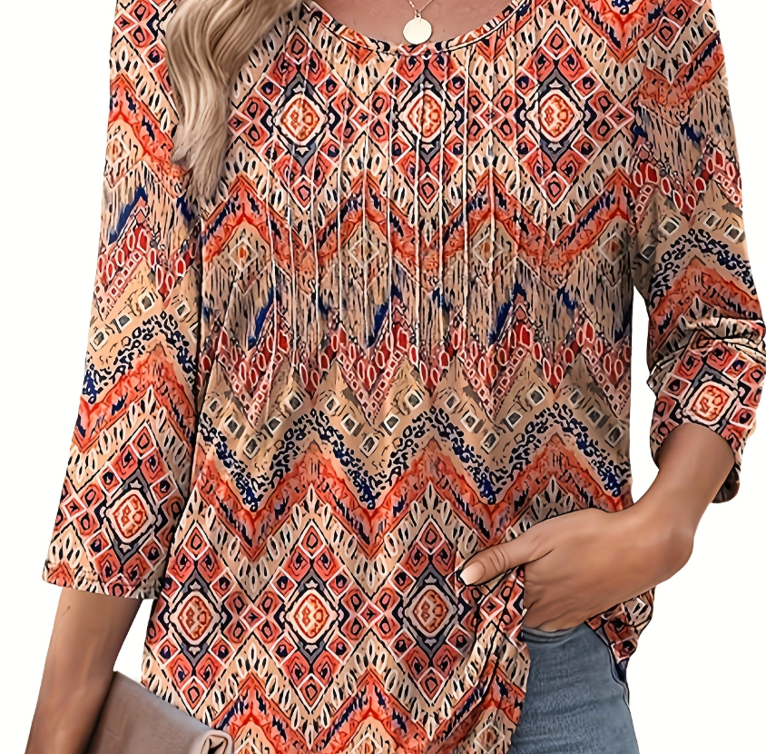 WIHOLL 3/4 Length Sleeve Womens Tops Dressy Casual Summer Round Neck Loose Fit Curved Hem Tunic Tops to Wear with Legging Trendy Boho Floral S