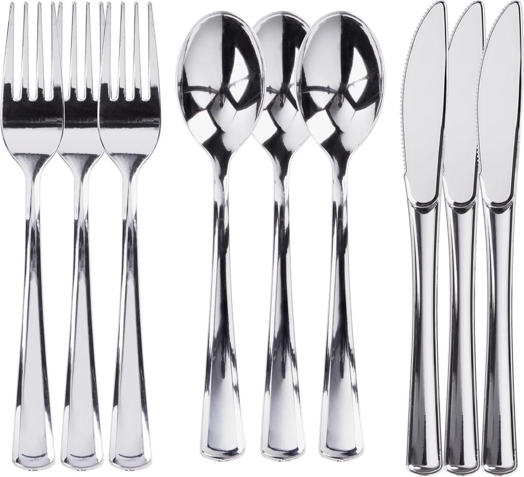 Prestee 600 Piece Plastic Silverware Set - 200 Silver Plastic Forks, Spoons and Knives - Heavy-Duty Utensils - Reusable and Disposable Cutlery Set for Weddings, Thanksgiving, and Christmas Parties