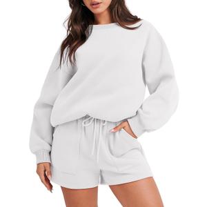 ANRABESS Women 2 Piece Outfits Sweat Shorts Sets 2026 Oversized Casual Lounge Matching Set Sweatsuit Tracksuit Fall Clothes White Medium
