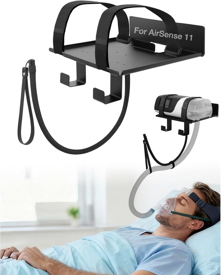 CPAP Wall Mount Shelf for ResMed AirSense 11 Lightweight Aluminum Design with Anti Slip Straps and Hose Mask Management Hook, CPAP Supplies Stand for Bedside Organization