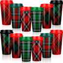 Sliner 12 Pcs 16 oz Christmas Buffalo Plaid Coffee Cups Mugs Tartan Plaid with Lids Plastic Xmas Cup 6 Designs of Red and Green Plastic Coffee Cups Xmas Holiday Supplies