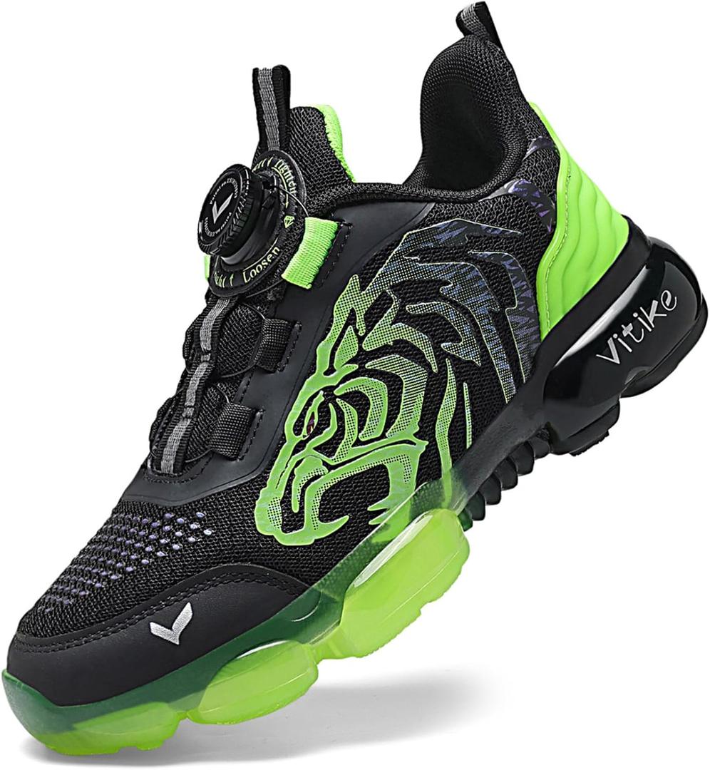 Kids Sneakers Boys Girls Running Tennis Shoes Athletic Sports Casual (1.5 Little Kid, Black Green-8160-1)