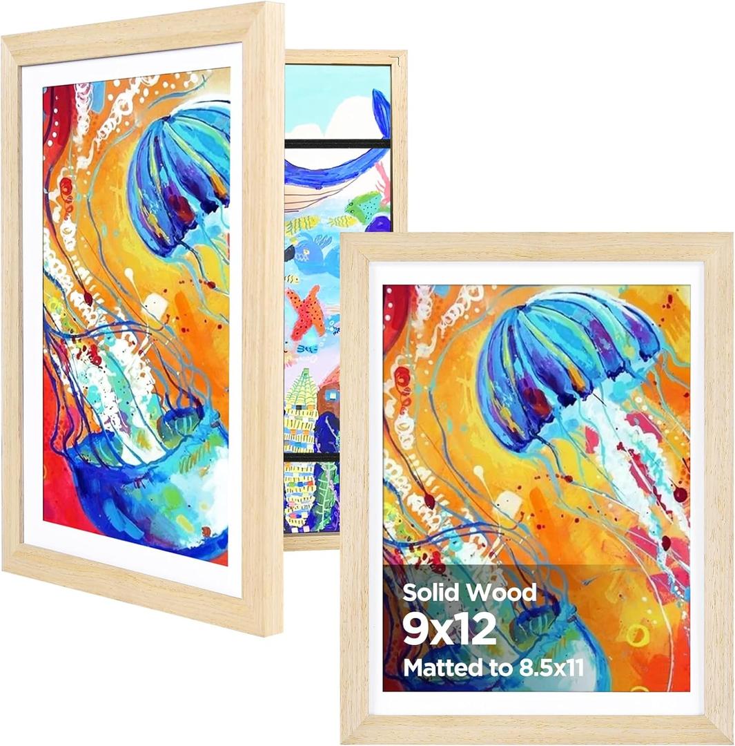 KINLINK 9x12 Kids Art Frames Set of 2, Solid Wood Kids Artwork Frames Changeable with Acrylic Front Opening Holds 150 Pictures, Art Frames for Kids Artwork with Mat or without Mat, Natural (9x12, Natural Wood)