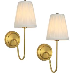 Electro bp;Elegant Single Wall Sconces White Pleated Brocade Fabric Lamp Shades with Polished Gold Curved Metal Arm Covered Wall Light,E12,40W,Hardwired(Set of 2);