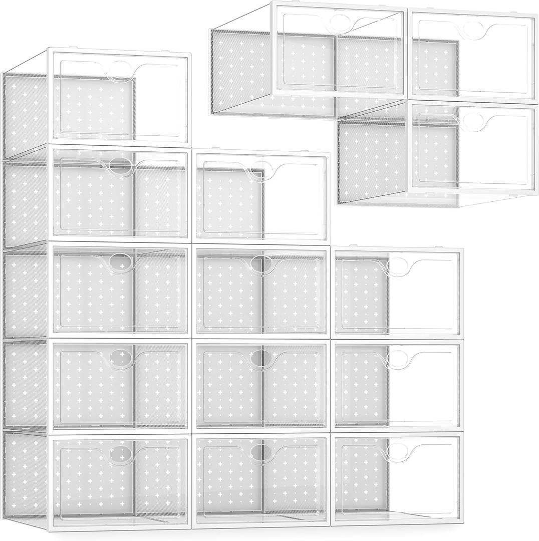 Pinkpum 15 Pack X-Large Shoe Storage Boxes Fit US Size 11, Shoe Organizer for Closet Clear Plastic Stackable Shoe Dispaly Case Holder Bins, Sneaker Storage for Sneakerheads White for Home and Family
