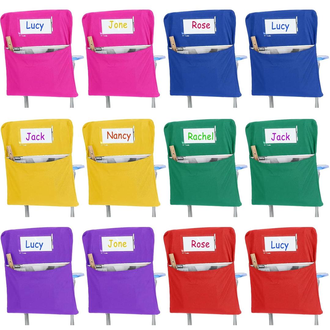 Maitys 12 Pcs Large 17 Inches Chairback Pocket Chart Student Chair Pockets Chair Back Classroom Organizer with Name Tag for Keeping Kids Student Book School Table Organized(Mixed Colors)