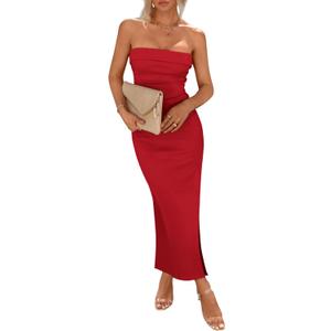 PRETTYGARDEN Women's Summer Bodycon Maxi Tube Dress Ribbed Strapless Side Slit Long Going Out Casual Elegant Party Dresses (Red, Small)