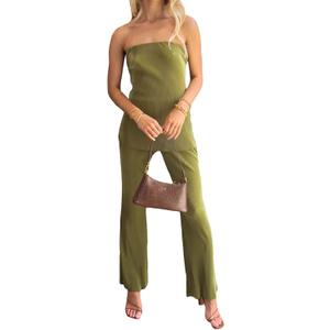 NUFIWI Womens Sexy 2 Piece Pants Set Strapless Off Shoulder Tube Tops Pleated Wide Leg Pants Y2k Suits Summer Outfits (Medium)