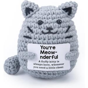Handmade Cute & Funny Crochet Cat - Inspirational & Colleague Gifts for Men | Positive Animal Decor | Valentine's Day, Birthday Stocking Stuffers (Grey)