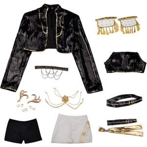 Cosfun Womens Cosplay Costume Set Black Golden Jacket Top Skirt Uniform Suit Dancing Stage (X-Small, Multicolored)