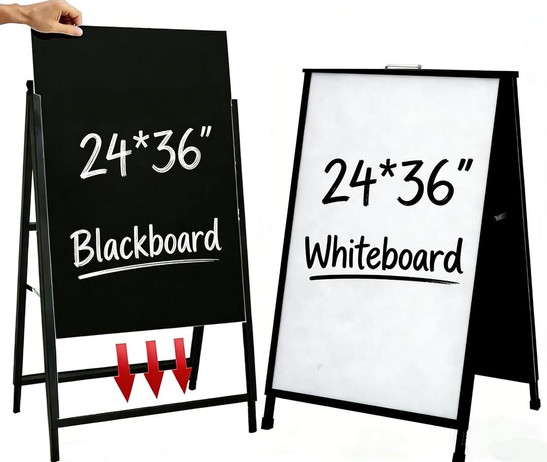 Folding A Frame Sign Sidewalk Sign 24x 36 Inch Sandwich Board Heavy Duty Pavement Double-Sided Sign With Drawable Whiteboard and Blackboard (24x36" With Whiteboard and Blackboard)