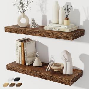 Floating Shelves for Wall, 24 Inch Floating Shelves Set of 2, Wall Mounted Rustic Wood Shelf for Bathroom, Living Room, Bedroom and Kitchen, Hanging Shelf for Storage, Books, Home Decor, Rustic Brown